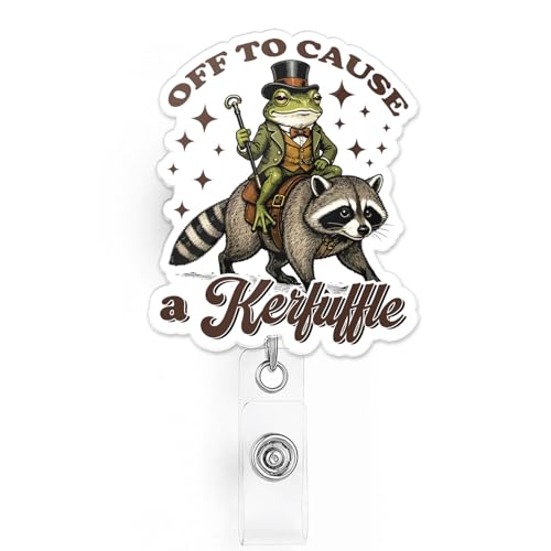 Off to Cause A Kerfuffle Badge Reel Funny Frog Raccoon Fantasy Magic Witch Sarcastic Quotes Badge Holder with Alligator Clip, Gifts for RN LPN CNA MA Healthcare Medical Worker Teacher Doctor
