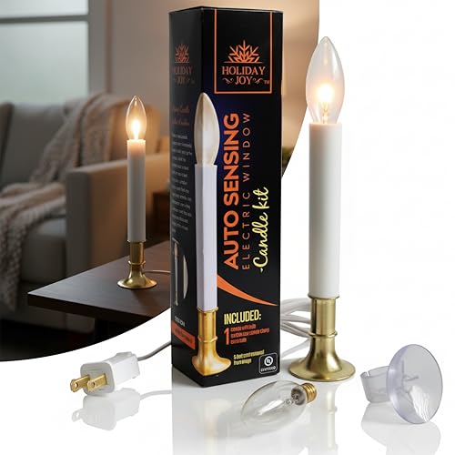 Holiday Joy - 1 Pack Christmas Window Candles with Sensor Dusk to Dawn Electric Corded - 9 Tall Electric Candlesticks with Built-in Auto Sensor 2 Bulbs and Suction Cup Holder in Each Box - 5W - 120V