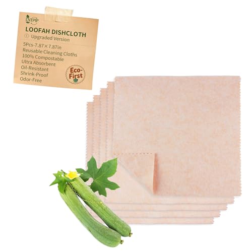 LNTPIP Premium Swedish Dishcloth 5 Pack - 100% Compostable Loofah & Plant Fiber Kitchen Cloth, Super Absorbent (25x Weight) Non-Stick Oil, Reusable Cleaning Cloths for Dishes, 7.87x7.87in