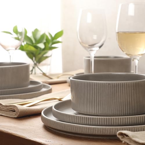 Image of Gibson Elite Avant-Garde 12 Piece Stoneware Dinnerware Set for 4, Chateau Grey Plates and Bowls Set with Reactive Glaze, Includes Dinner Plates, Salad Plates and Bowls