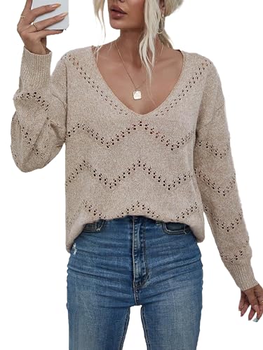 Image of Fall Sweaters for Women Lightweight Long Sleeve V Neck Pullover Sweater Knit Tops Dark Apricot 2XL