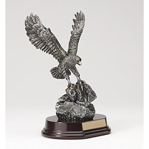 Etch Workz Majestic Eagle Trophy with Rosewood Tone Base - 7 inches Tall American Eagle Statue with Silver Finish and Gold Trim | Custom Engraved Name Plate for Competitions, Awards, and Scout Gifts Cover