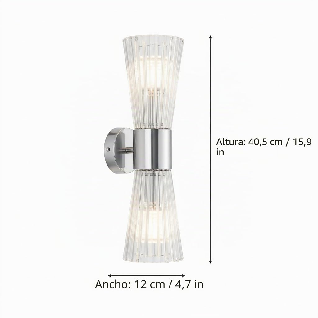 Aplique de Pared de Cristal 2 Luces E14 Doble Extremo Vidrio Acanalado Diseño Reloj de Arena Lámpara de Pared Moderna Acabado Plateado para Dormitorio Salón Pasillo Escalera Hotel (Plateado)