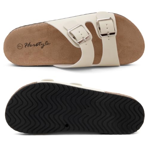 Image of Herstyle Womens Cork Footbed Slides for Women, Double Strap Flat Sandals, Adjustable Buckle Comfort Slip On Shoes, Summer Beach Casual Walking Slippers