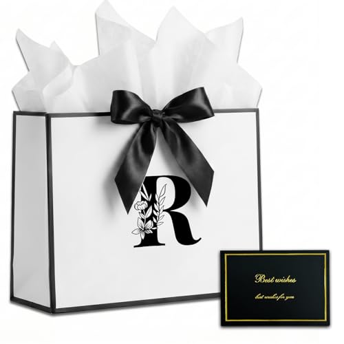 Alphabet Birthday Gift Bag, Initial Gift Bag with Card and Tissue Paper for Men Women, Large Black White Personalized Bow Bags for Bridal Party, Wedding, Graduation, Birthday Gifts Bags (Letter R)
