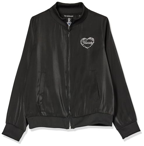 GUESS Sudadera de satén de manga larga con cremallera para niña, Negro azabache, 10 años