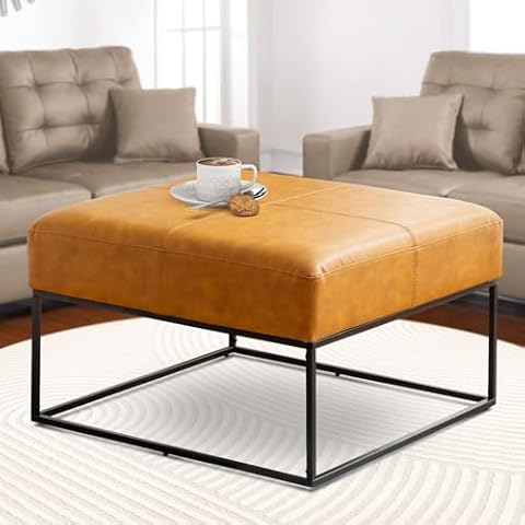 BALIAA Modern Square Coffee Table, Farmhouse Ottoman Coffee Tables for Living Room, Large Vintage Leather Coffee Tables with Leather Upholstered Padded Seat [Square, Yellow, 30''] Cover