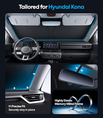Image of Wigoo for Hyundai Kona Windshield Sunshade [OEM Design, 100% Sun Blockage] Foldable Heat Insulation Sun Shade with Storage Bag, for Hyundai Kona (2018-2026), Silver Coating