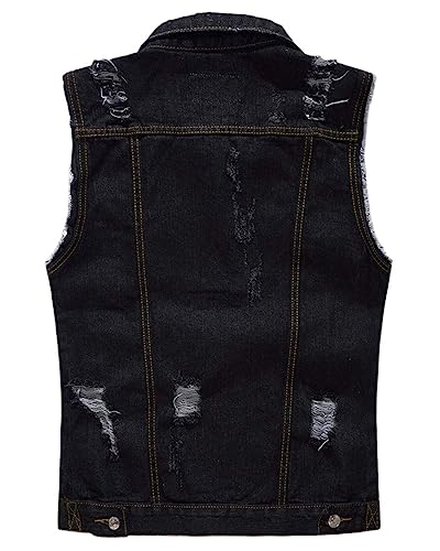 Image of ebossy Men's Ripped Distressed Denim Vest Sleeveless Button Up Jean Vest Jacket