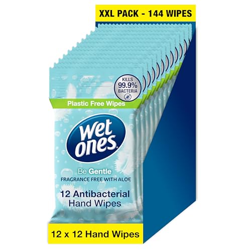 Wet Ones – Be Gentle – Plastic Free Antibacterial Pocket Size Hand Wipes - 144 wipes – 12 packs x 12 wipes