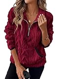  seiveini Sweatshirt Femme Polaire 1/4 Zippé Sweat Pull en Peluche Chaud Manches Longues avec Poches Automne Hiver A Vin Rouge M