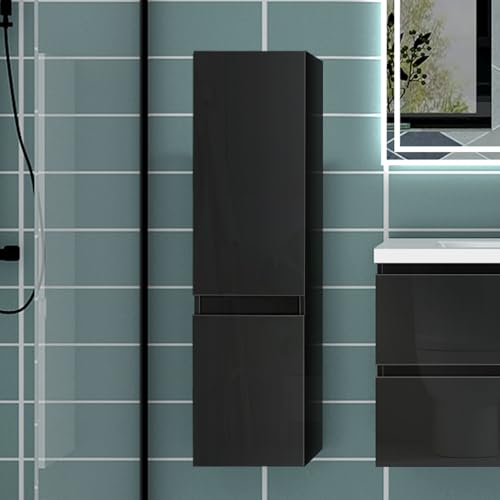 Acezanble Hochschrank Badezimmerschrank Hochglanz Schwarz, Badschrank mit 2 Türe SoftClose Wandmonatge 30x30x110cm