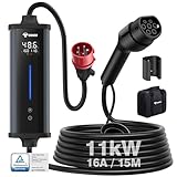 GONEO Mobile Wallbox 11kW 15M 3-phasig Typ 2 Ladekabel CEE 16A auf Typ 2 6-16A Einstellbar und Timer Mit Leckageschutz Temperaturüberwachung IP66 UL94 V-0 EV Ladegerät Für EVs & PHEVs