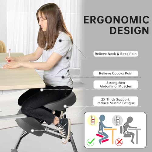 PU Leather Ergonomic Kneeling Chair, Adjustable Home and Office Stool with Thick Pads and Flexible Lockable Brake Wheels for Back Pain Relief（Dark Gray） by DENGTELI - Image 6