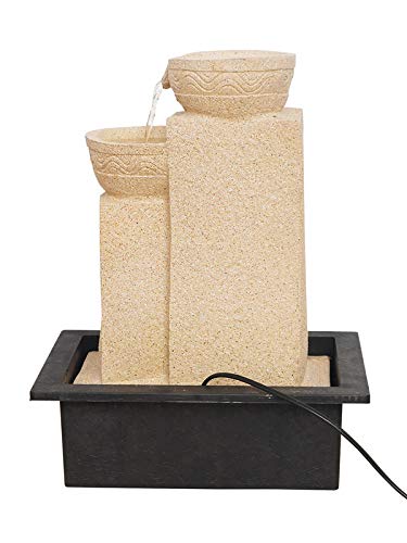 Image of Polyresin Table Top Cream Colour Designer Indoor 4 Diya Steps Waterfall Fountain for Home Decor with Yellow LED & Water Flow Controller Pump (Size: 38 x 29.5 x 22CM | Weight: 2000 Gram)