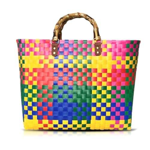 Bolso Tote grande para playa estilo boho con asas de bambú miniatura 1