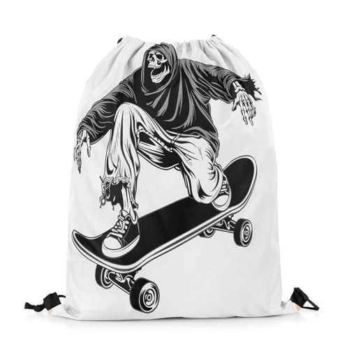 Feelyou Cool Sugar Skull Drawstring Backpack 13"x15.7" Skateboard Gym String Bag Hip Hop Street Culture Sports Drawstring Sackpack White Halloween Theme Rawstring Bags2