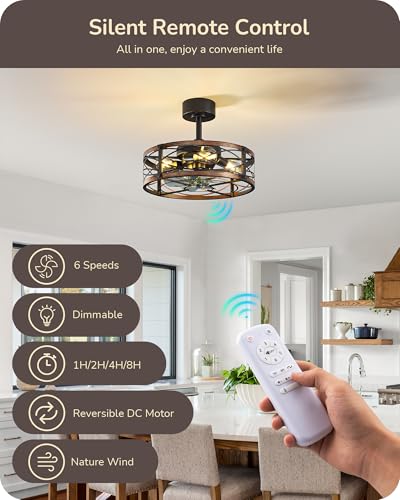 Image of EDISHINE 20 Inch Fandelier Caged Ceiling Fans with Lights and Remote, 10%-100% Dimmable, Rustic Bladeless Ceiling Fan, Small Farmhouse Fan Lights Ceiling Fixtures for Kitchen, Bedroom-Brushed Gold