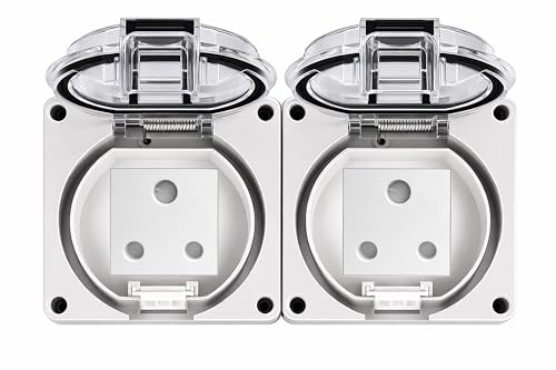 Image of MX IP66 Waterproof Outdoor Socket Box with 2 x 16A Indian Sockets, 250V Weatherproof Dustproof Electrical Wall Outlet, 4 Module Modular Power Socket with Spring Cover for Garden, Balcony, Patio