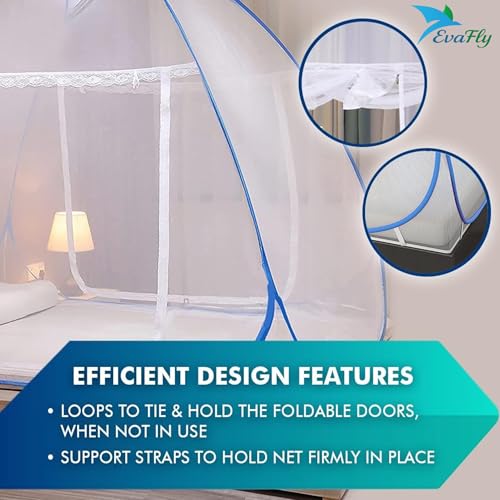 Image of Evafly Mosquito Net for King Size Bed | Premium Polyester Mesh | Foldable Pop-Up Bed Net | Fine Mesh with 30 Pairs of Glow Stars | Protection Against Mosquitoes & Insects | Easy Setup, Washable | Blue