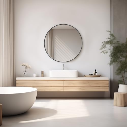 Image of DUMOS Black Circle Mirror for Wall 24.02 inch, Bathroom Round Mirror for Over Sink, Bathroom, Entryway, Bedroom, Vanity