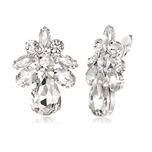 BriLove Clip-On Earrings Elegant Stunning Teardrop Crystal Rhinestone Cluster Statement Jewelry for Women Party Prom