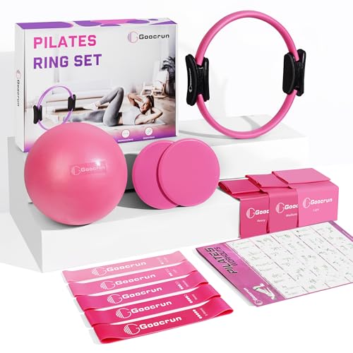 Goocrun Pilates Ring Set Trainingsgeräte Tragbar Home Gym. mit Übungsbändern, Widerstandsbändern, Pilatesball, Gleitscheiben – Mit Übungsanleitungr