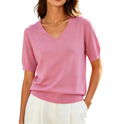 Image of DAIMIDY Women's Short Sleeve Sweaters Lightweight Summer Sweater Casual Knit Pullover Tops