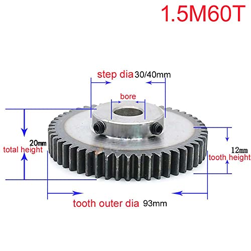 1.5 Mod 60Teeth Spur Gear With Step Bore 12Mm 1.5M60T 45# Steel Motor Gear With Set Screws For Mechanic Toy Diy (1.5 Mod 60T; Bore: 12Mm) #TOP1