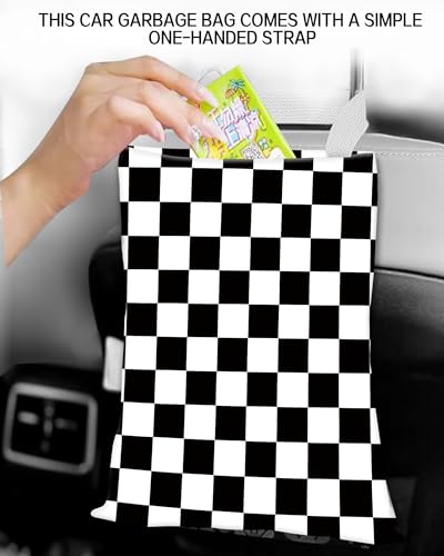 Image of Car Garbage Can, Trash Bag, Hanging Trash Can for Vehicle Accessories, Travelling, Camping, Cute Back Seat Organizer, Classic Black White Plaid