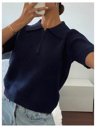 MakeMeChic Women's Old Money Short Sleeve Sweater Half Zip Collared Knit Pullover Tops4