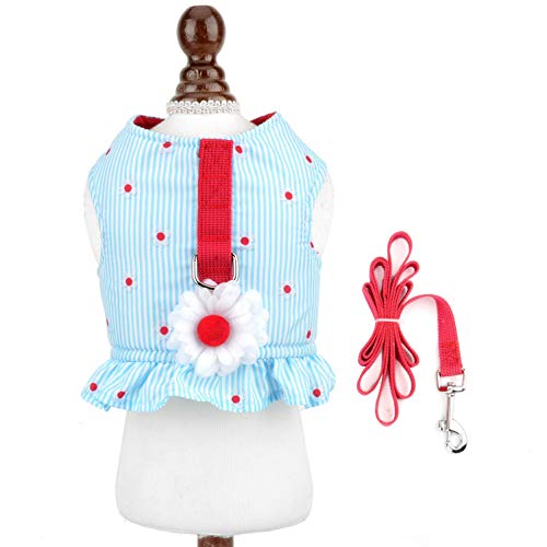 SMALLLEE_LUCKY_STORE Bow Flower Striped Print Cat Small Dog Harness Dress with Leash for Girls Adjustable No Pull Escape Proof Soft Walking Jacket Waterproof Puppies Kitten Harness Vest Outdoor,Blue S - Thumbnail 3