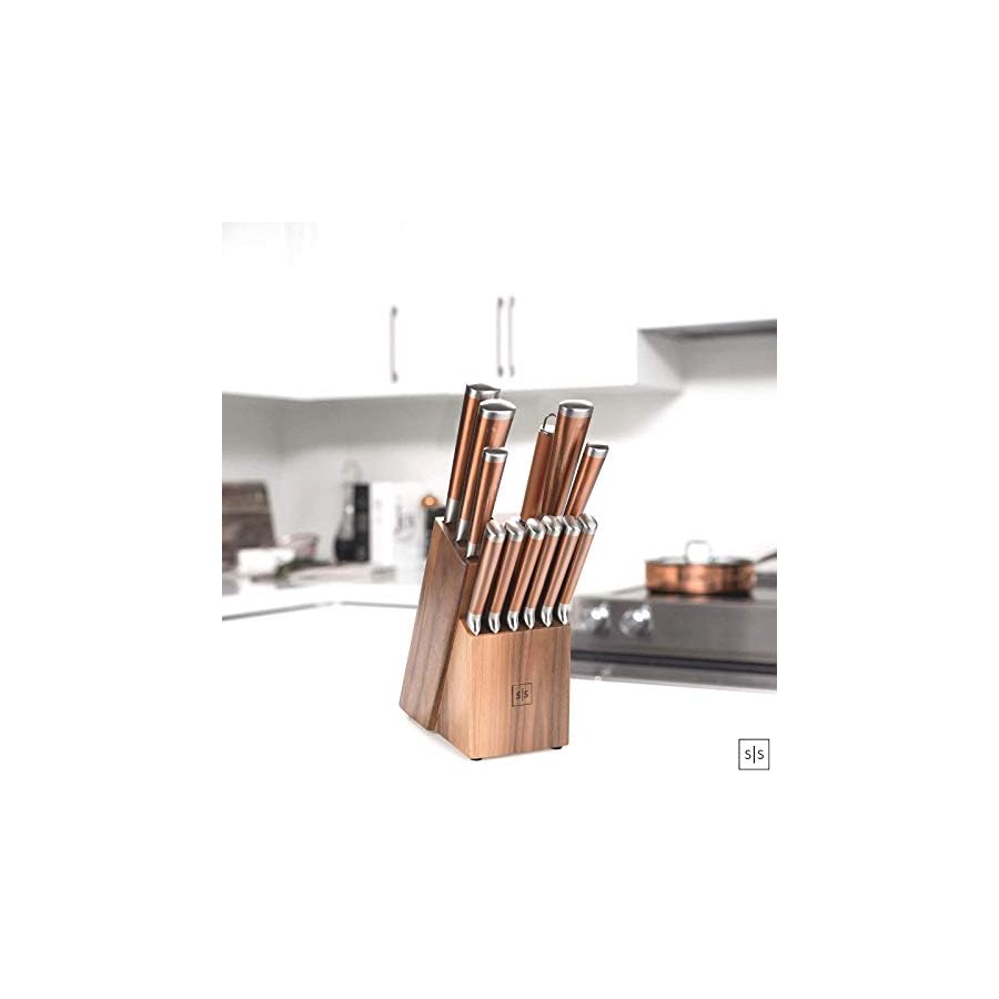 Copper-Knife-Set-with-Walnut-Knife-Block-Premium-13-PC-Stainless-Steel-Knife-Sets-for-Kitchen-with-Block-Rose-Gold-Knife-Set-With-Block-Rose-Gold-Kitchen-Accessories-Copper-Kitchen-Accessories Copper Knife Set with Walnut Knife Block - Premium 13 PC Stainless Steel Knife Sets for Kitchen with Block - Rose Gold Knife Set With Block, Rose Gold Kitchen Accessories & Copper Kitchen Accessories