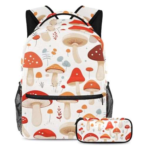 Sac à dos scolaire adolescent fille et garçon imprimé champignon multicolore et trousse