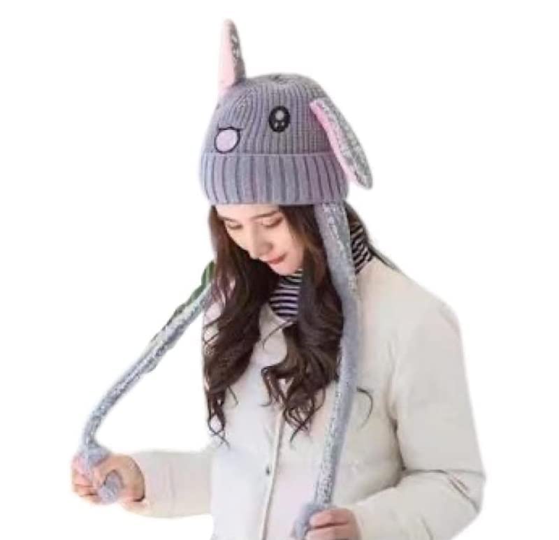 magic Moving Ear Cap for Girls | Winter Cap | Ears Moves | Rabbit Ears | Plush Woolen Cap (Grey)-picture-43