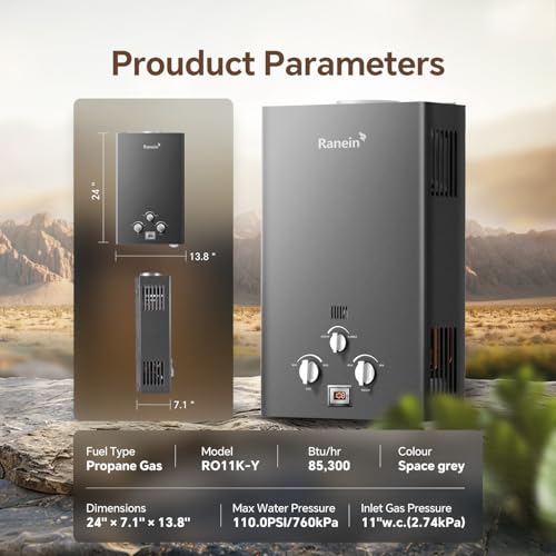 Image of Ranein 18L Tankless Water Heater, Propane Gas, Outdoor Up to 4.74 GPM, 85,300 BTU On-Demand Instant Hot Water Heater