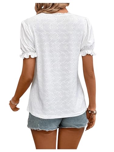 SweatyRocks Women's Puff Sleeve Lace Trim V Neck Eyelet Top Embroidery Blouse2