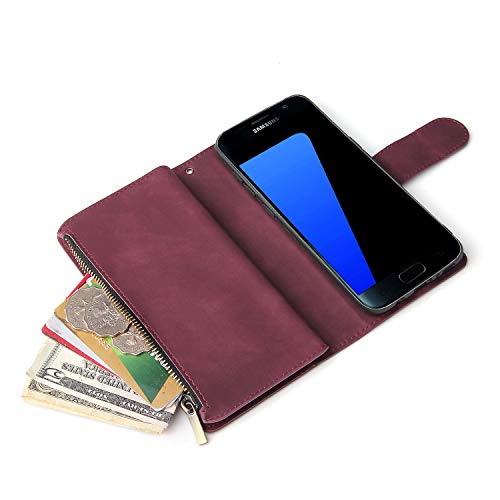 Chicase Wallet Case For Galaxy S7 Edge,Samsung Galaxy S7 Edge Case,Leather Handbag Zipper Pocket Card Holder Slots Wrist Strap Flip Protective Phone Cover For Samsung Galaxy S7 Edge(Wine Red) #TOP3