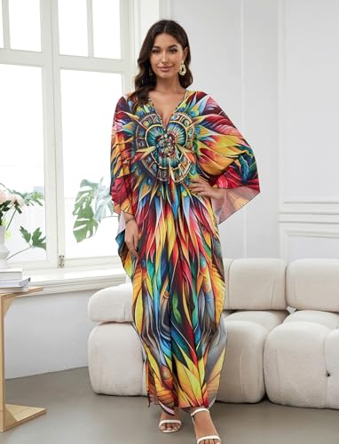 Image of KECVOT Kaftan Dresses for Women Plus Size Batwing Sleeve Caftans Long Bathing Suit Cover Up Maxi Beach Dress Loungewear