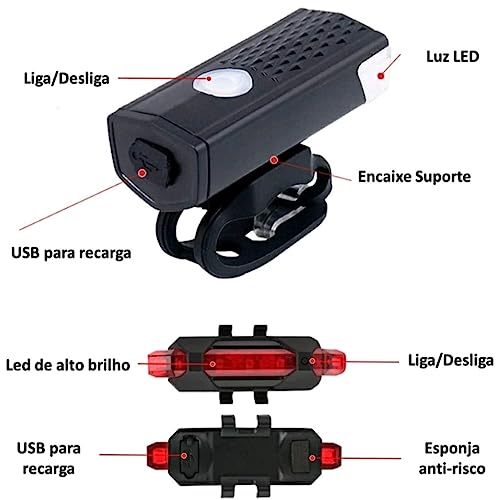 Kit de Luzes de Bicicleta Recarregável, Conjunto de Farol e Lanterna Traseira, A Prova d