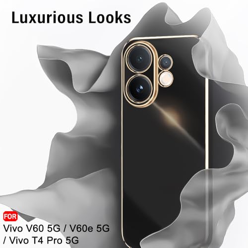 Image of TheGiftKart Luxurious Golden-Plated Back Cover Case for Vivo V60 5G / V60e 5G / Vivo T4 Pro 5G | Raised Lips for Camera & Screen Protection | Shockproof Design | Stylish Back Cover Case (TPU, Black)