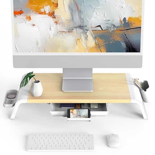 Fenge Suporte monitor monitor monitor de madeira com gaveta e suporte de telefone, caixas de armazenamento móveis L52 x W23,5 x H8,9 cm branco G04A1521C