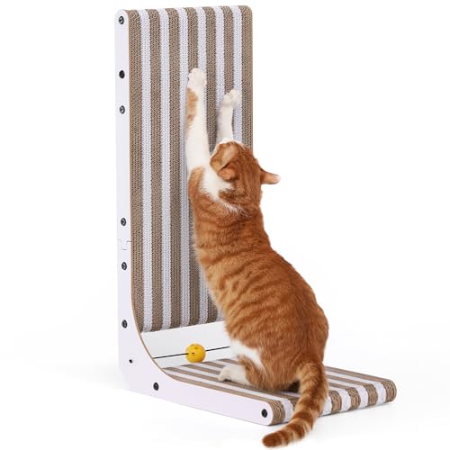 FUKUMARU - FUKUMARU Griffoir pour Chat, 68 cm en Forme de L, Griffe Murale à Motifs Rayés, Arbre à Chat en Carton avec Jouet Balle d'Intérieur, Boîte de Jeu Incluse - -10%