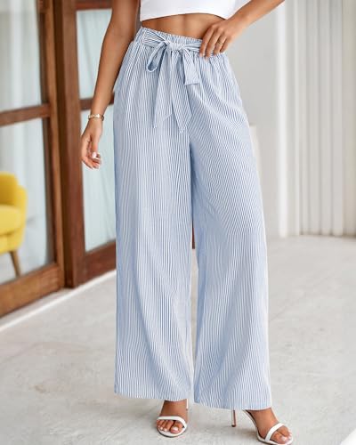 BTFBM Pants for Women 2026 Spring Clothes Striped High Waist Tie Knot Dressy Casual Wide Leg Palazzo Work Trousers Pants(Blue, XX-Large) — view 2