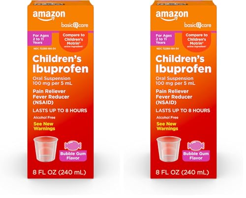 Image of Amazon Basic Care Children's Ibuprofen Oral Suspension 100 mg per 5 mL, Pain Reliever and Fever Reducer (NSAID), Bubblegum, for Minor Aches and Pains, Headache Relief and More, 8 fl oz (Pack of 2)