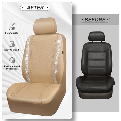 Image of CAR PASS Leather Bling Diamond Car Seat Covers 2 Front Interior Sets, Waterproof Universal Shining Glitter Crystal Sparkle Fit for 95% Automotive Truck SUV Cute Women Girl, Beige Rhinestone