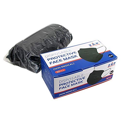 (200 Masks) ZAP Disposable Face Mask 3-Ply Black Facial Cover Masks with Ear Loop, Breathable Non-Woven Mouth Cover for Personal use, Suitable for Home, Office, Outdoor (50 pieces per pack - 4 Pack)