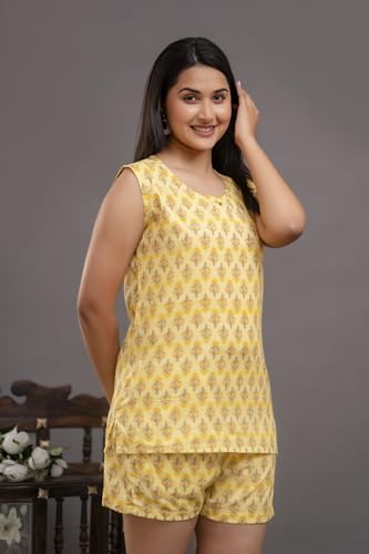Image of Women's Cotton Printed Night Suit Set of Top & Shorts Sleeveless Women's Lounge Wear Set