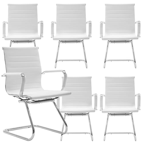 Image of Conference Room Chairs Set of 6, Waiting Room Chairs with Arms, Faux Leather Reception Chairs No Wheels, Office Guest Chairs with Mid Back Support and Chrome Sled Base, White