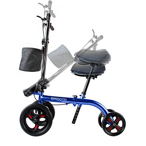 Tuffcare Smooth Seated Knee Scooter, Slow Propelled Steerable Mobility Knee Walker Crutches, Wheelchair Alternative with Dual Brakes, Fits Height of 5’2”-6’3” (Solid Rubber Tires, Cobalt Blue)
